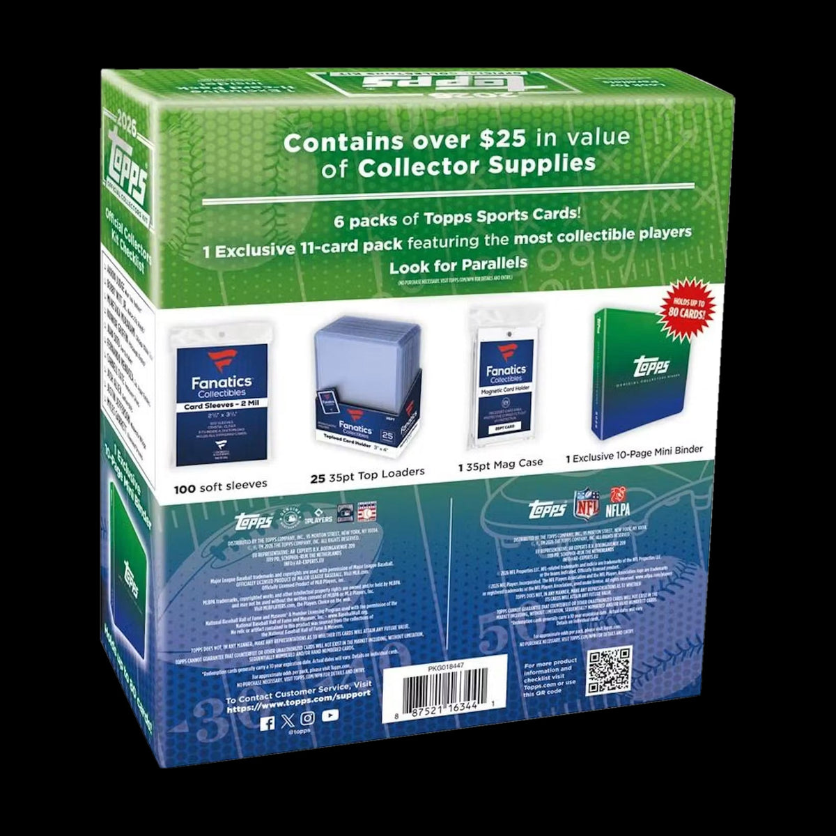 2026 Topps Collector Kit Wave 2 box back showing the 100 sleeves, 25 top loaders, magnetic case and mini binder