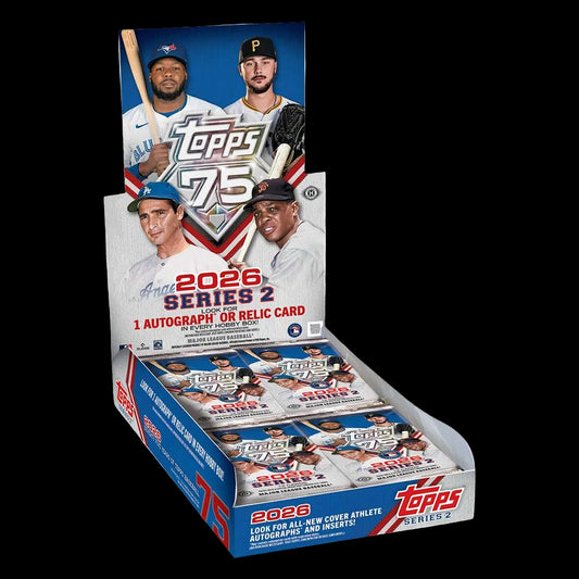 Topps 2026 Series 2 trading card packaging with baseball players on a white background