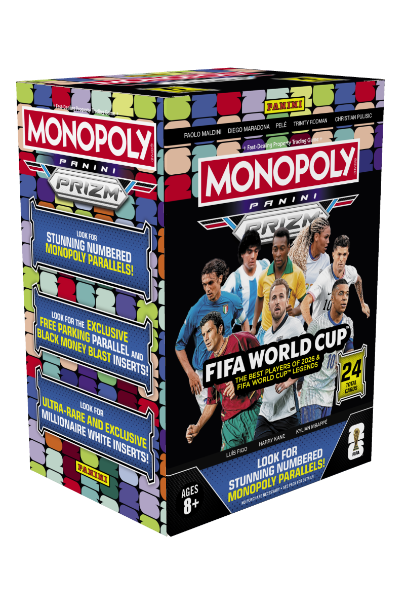 A box of 2026 Panini Prizm Monopoly FIFA World Cup trading cards featuring soccer legends.