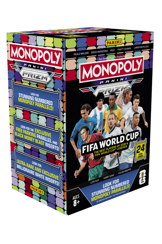 A box of 2026 Panini Prizm Monopoly FIFA World Cup trading cards featuring soccer legends.