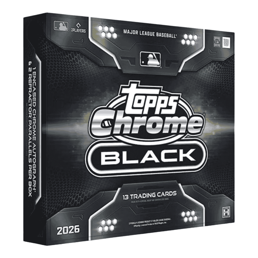 A 2026 Topps Chrome Black baseball hobby box featuring a sleek black design.
