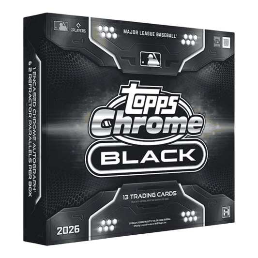 A 2026 Topps Chrome Black baseball hobby box featuring a sleek black design.