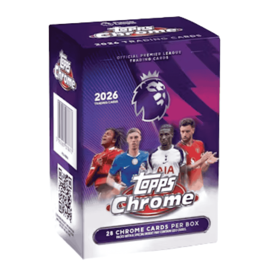 A 2026 Topps Chrome Premier League soccer blaster box featuring four players on the front.