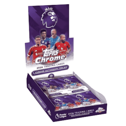 A 2026 Topps Chrome Premier League soccer hobby box containing multiple packs of trading cards.