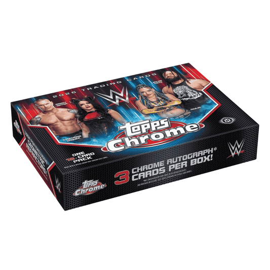 A 2026 Topps Chrome WWE Delight trading card box featuring images of professional wrestlers.