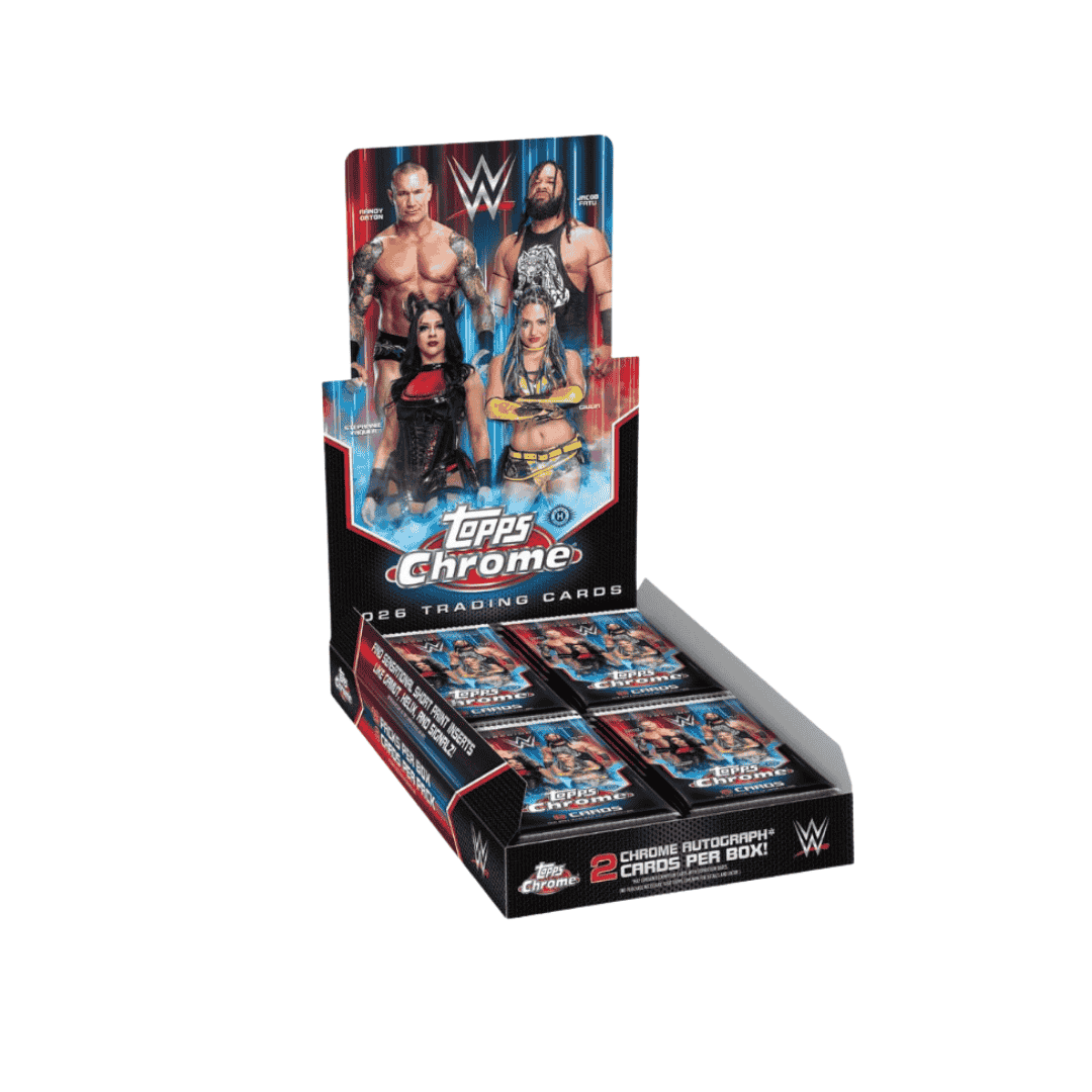A 2026 Topps Chrome WWE hobby box containing multiple packs of trading cards.