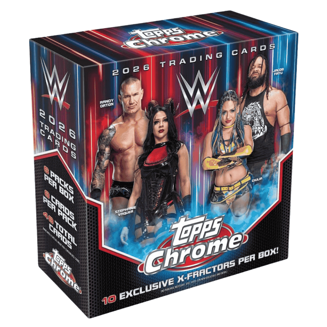 A 2026 Topps Chrome WWE Mega Box featuring Randy Orton, Stephanie Vaquer, Giulia, and Jacob Fatu.