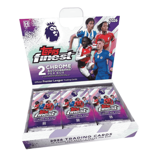 A 2026 Topps Finest Premier League soccer hobby box containing six packs of trading cards.