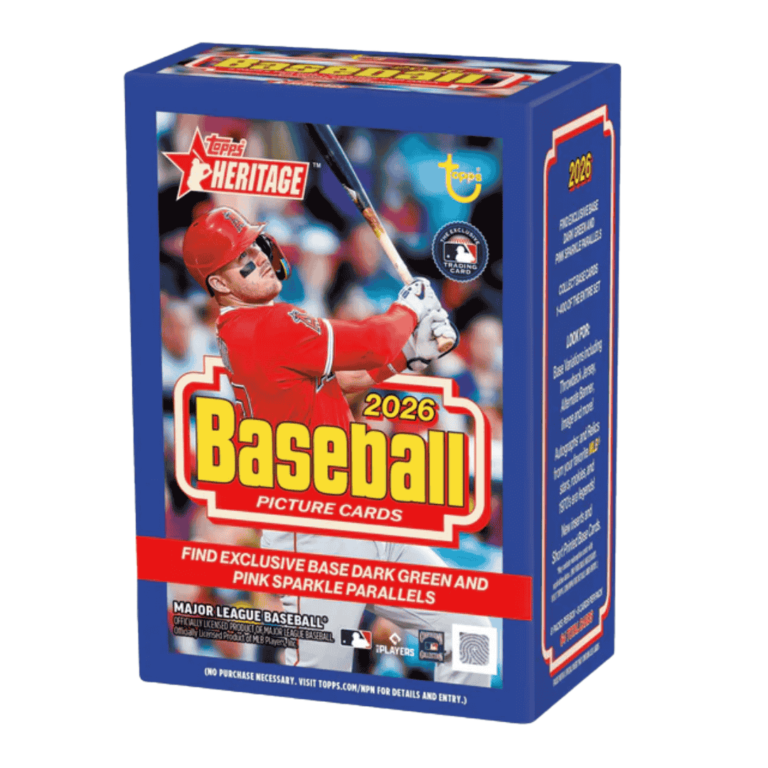 A 2026 Topps Heritage Baseball blaster box featuring a player on the front packaging.