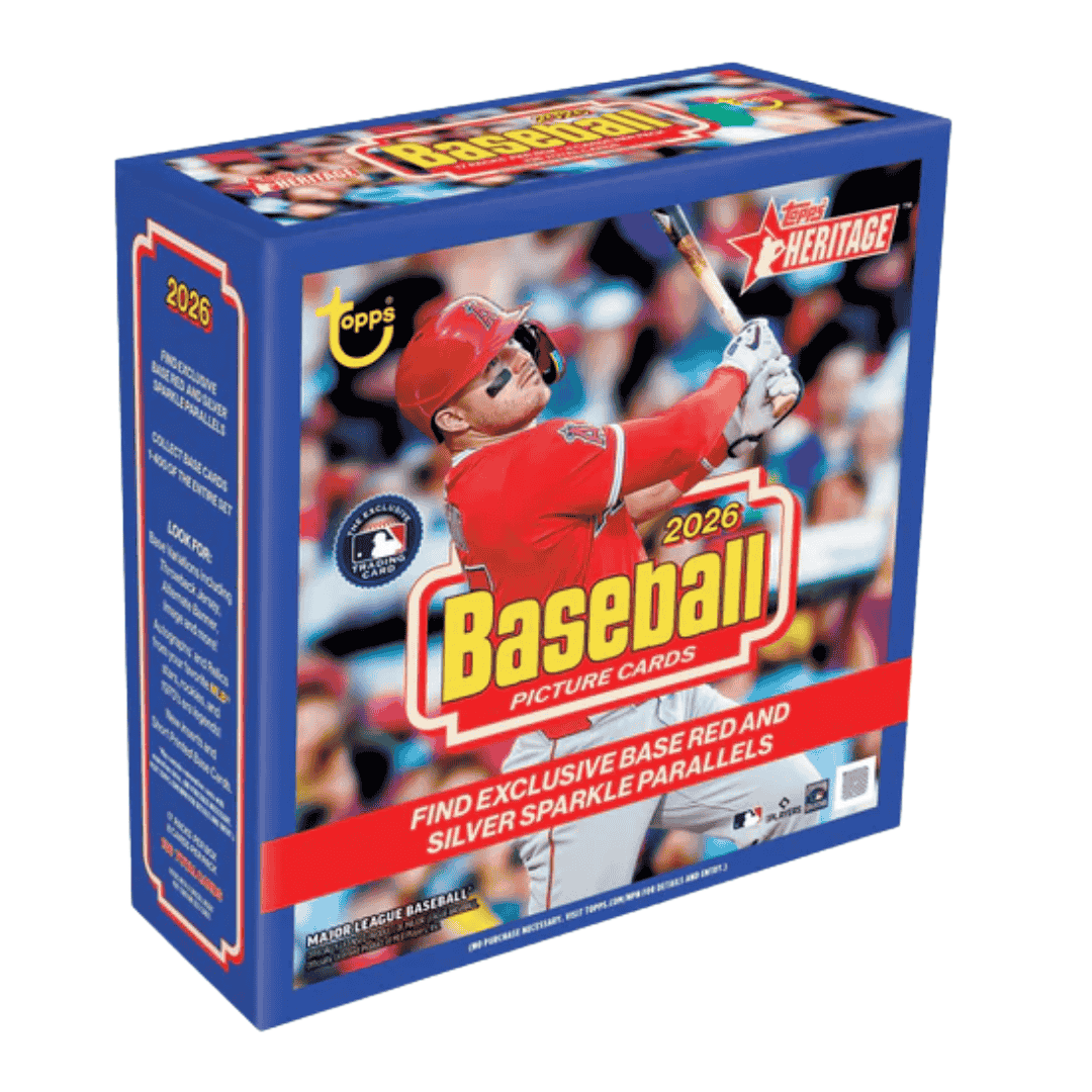 A 2026 Topps Heritage Baseball mega box featuring a player in an Angels uniform.