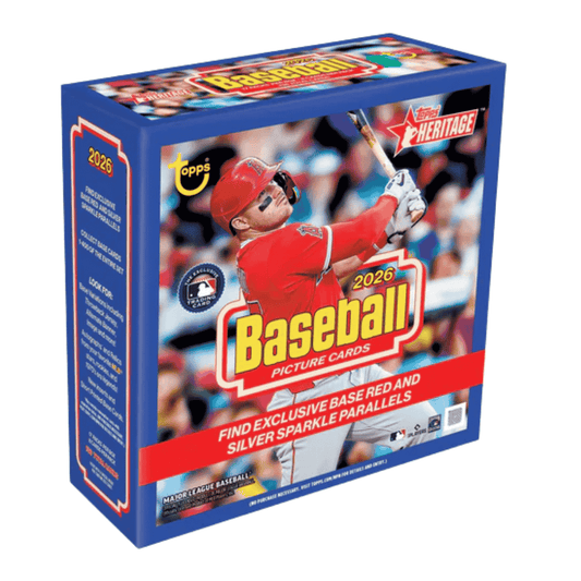 A 2026 Topps Heritage Baseball mega box featuring a player in an Angels uniform.