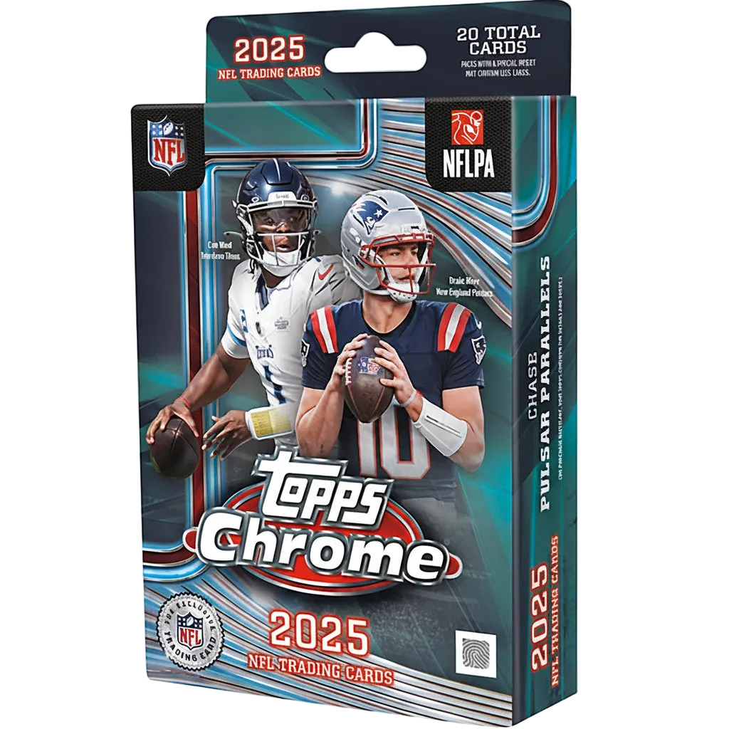 A 2025 Topps Chrome football trading card hanger pack featuring Cam Ward and Drake Maye.