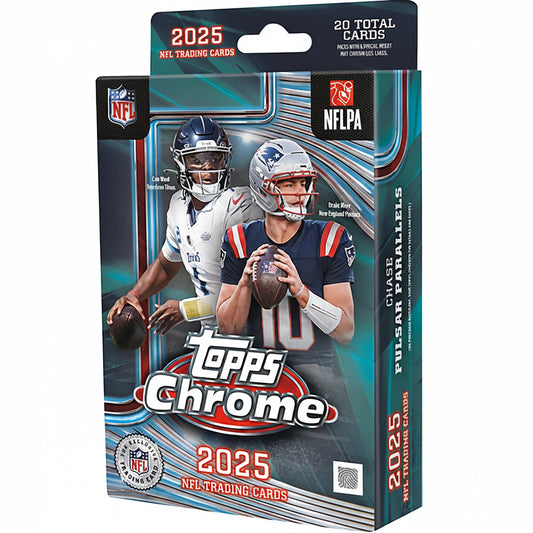 A 2025 Topps Chrome football trading card hanger pack featuring Cam Ward and Drake Maye.