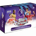A 2026 Topps Chrome Premier League soccer trading card box featuring players on the packaging.