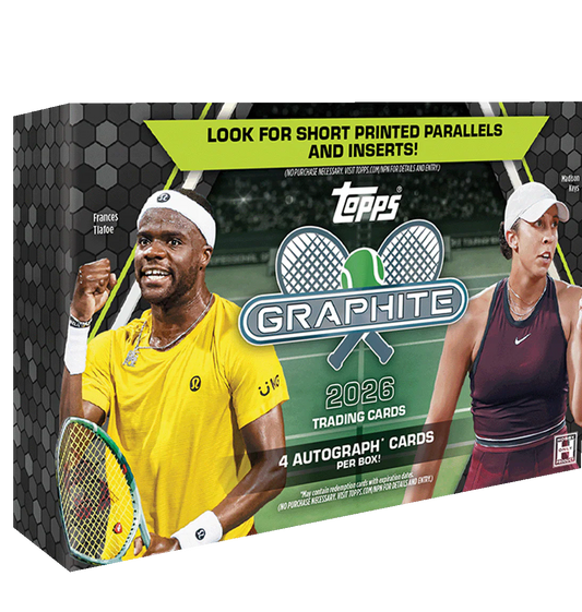 A box of 2026 Topps Graphite tennis trading cards featuring Frances Tiafoe and Madison Keys.