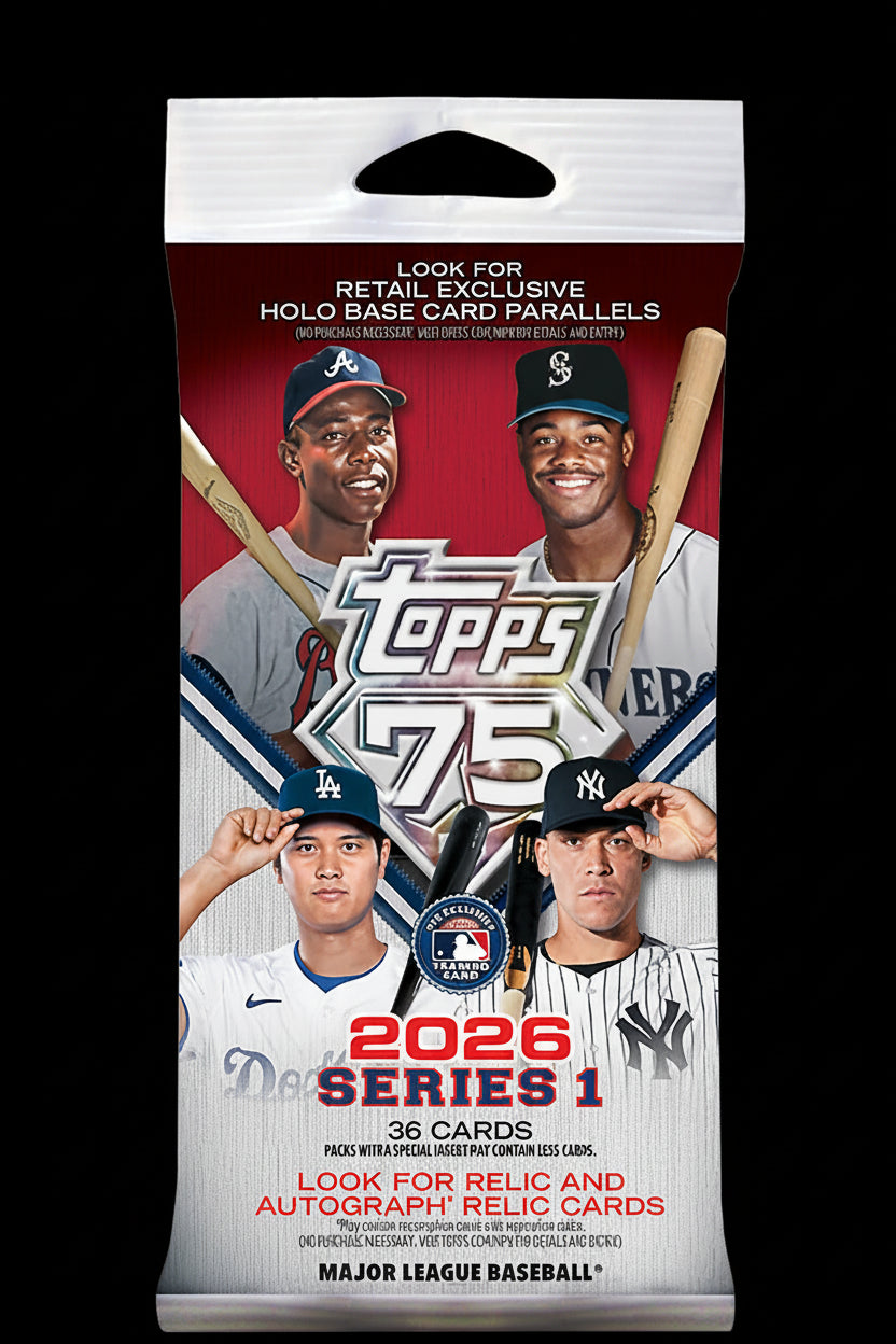 A Topps 2026 Baseball Series 1 fat pack featuring images of four professional baseball players.