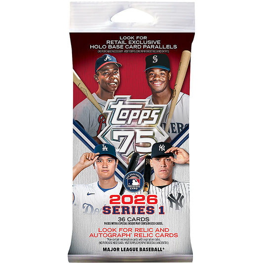 A Topps 2026 Baseball Series 1 fat pack featuring images of four professional baseball players.