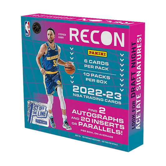 A 2022-23 Panini Recon basketball hobby box featuring Stephen Curry on the packaging.