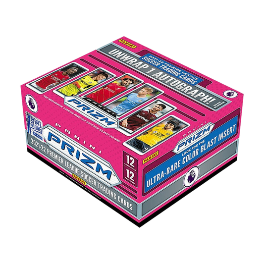 A 2021-22 Panini Prizm Premier League soccer hobby box featuring player imagery on the packaging.