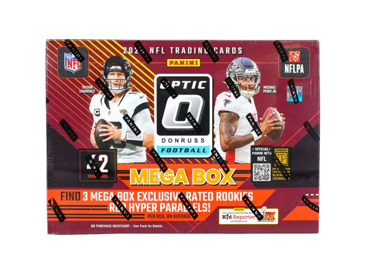 A 2024 Panini Donruss Optic Football mega box featuring Trevor Lawrence and Michael Penix Jr.