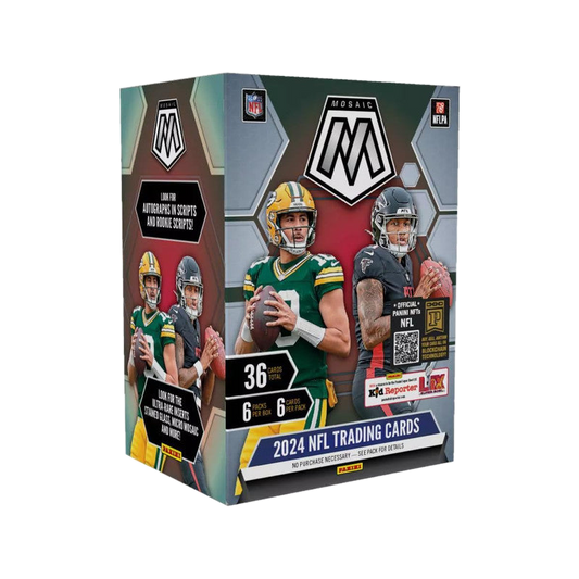 A 2024 Panini Mosaic NFL football trading card blaster box featuring Jordan Love and Bijan Robinson.