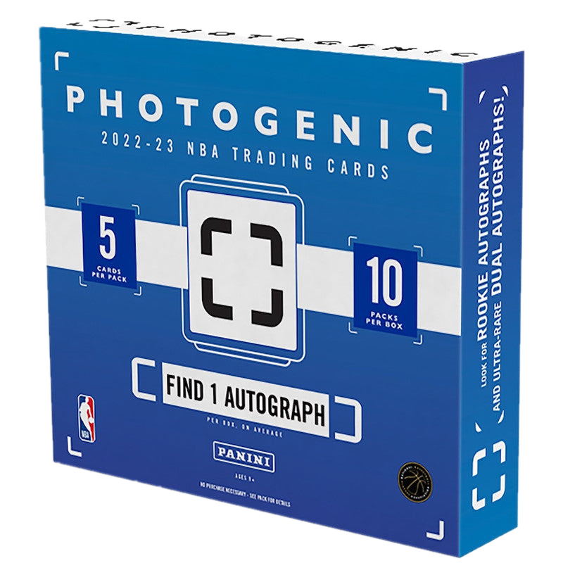 A blue 2022-23 Panini Photogenic basketball hobby box with ten packs and five cards per pack.