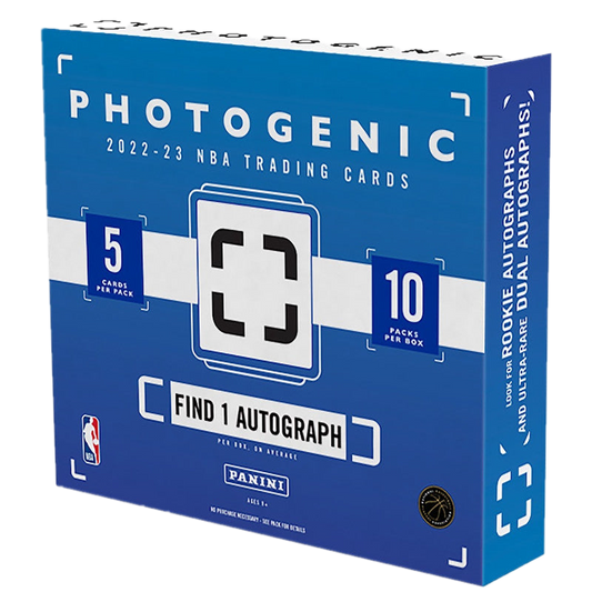 A blue 2022-23 Panini Photogenic basketball hobby box with ten packs and five cards per pack.