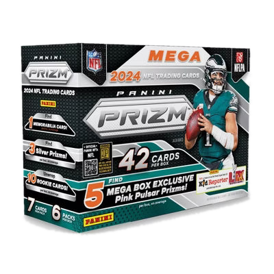 A 2024 Panini Prizm Football Mega Box featuring Jalen Hurts on the packaging.