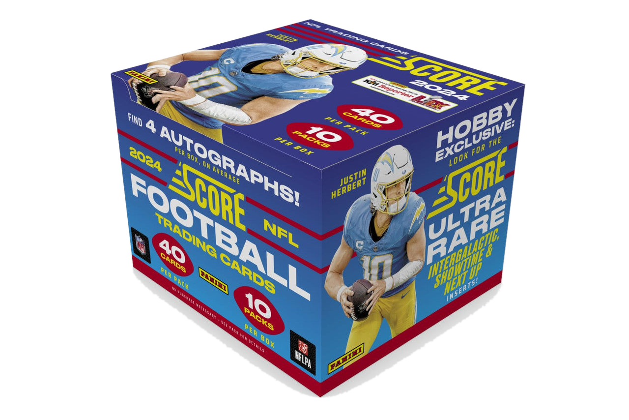 A 2024 Panini Score Football hobby box featuring Justin Herbert on the packaging.