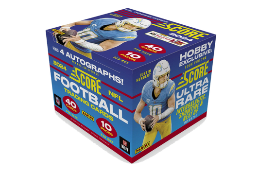 A 2024 Panini Score Football hobby box featuring Justin Herbert on the packaging.