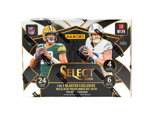 A 2024 Panini Select Football blaster box featuring Jordan Love and Justin Herbert on the cover.