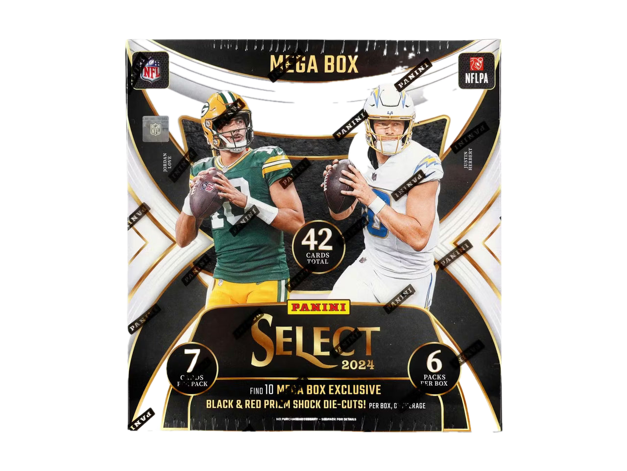 A 2024 Panini Select Football Mega Box featuring Jordan Love and Justin Herbert on the cover.