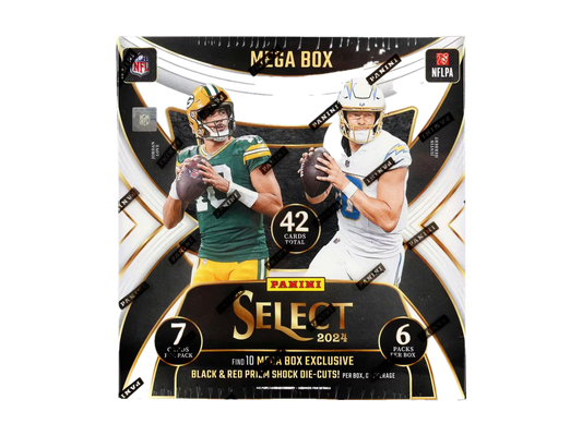 A 2024 Panini Select Football Mega Box featuring Jordan Love and Justin Herbert on the cover.