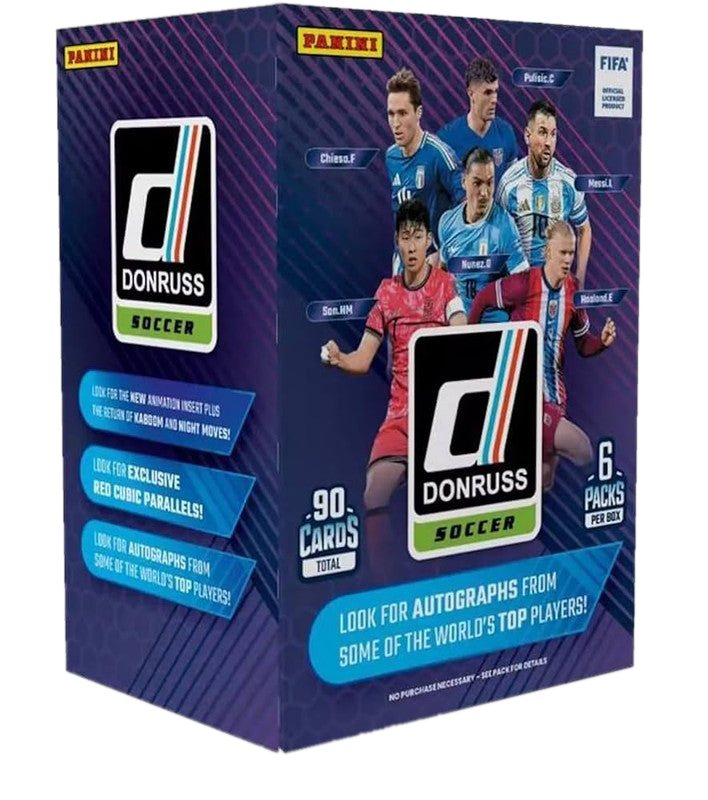 A 2024-25 Panini Donruss Soccer blaster box featuring professional players on the packaging.