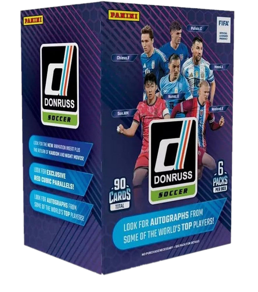 A 2024-25 Panini Donruss Soccer blaster box featuring professional players on the packaging.