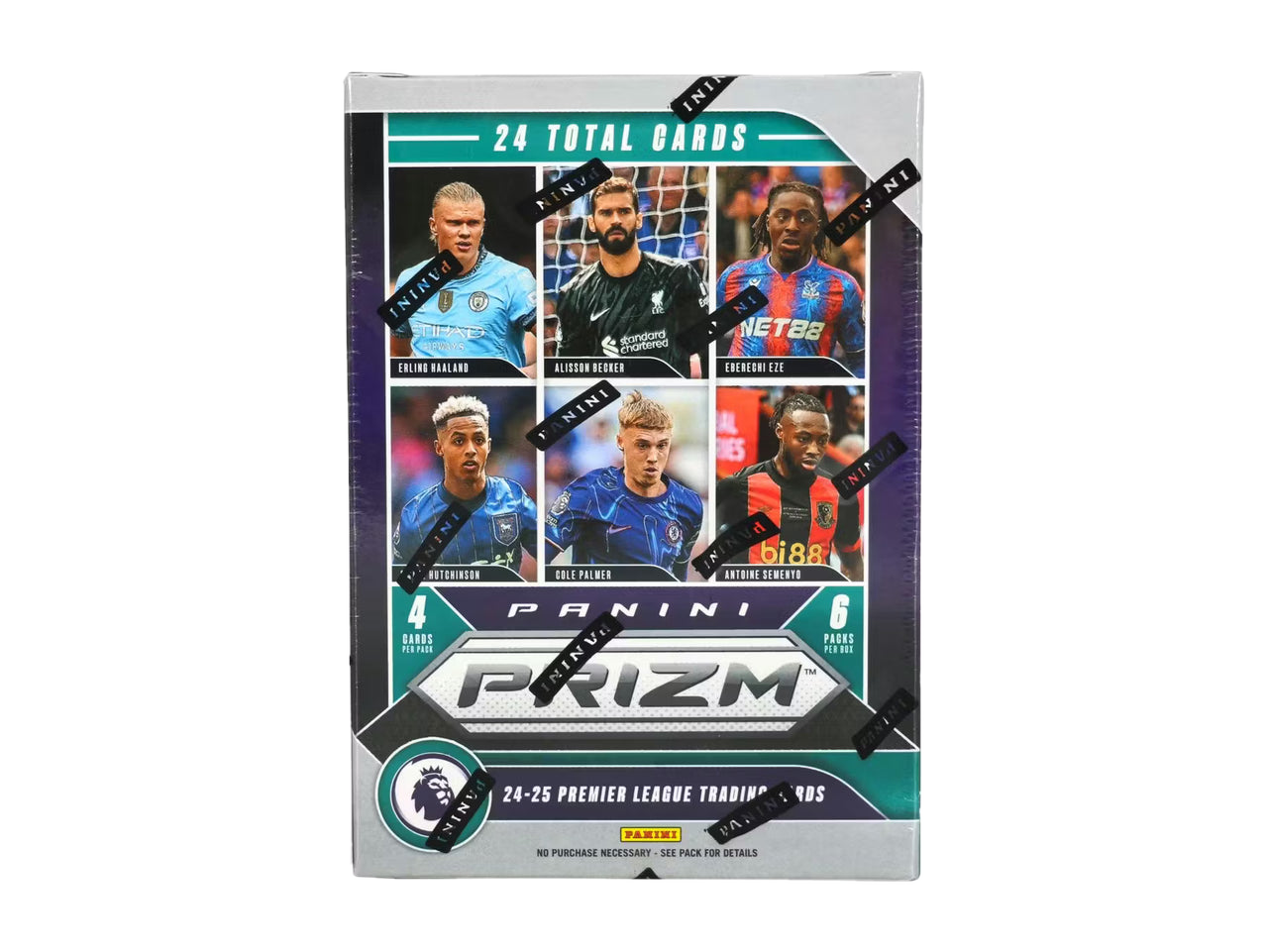 A 2024-25 Panini Prizm Premier League soccer blaster box containing 24 trading cards.