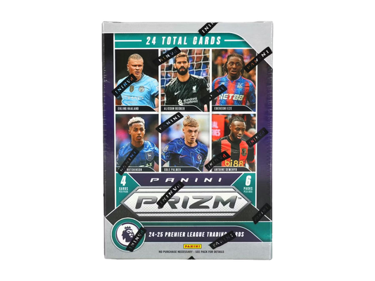 A 2024-25 Panini Prizm Premier League soccer blaster box containing 24 trading cards.