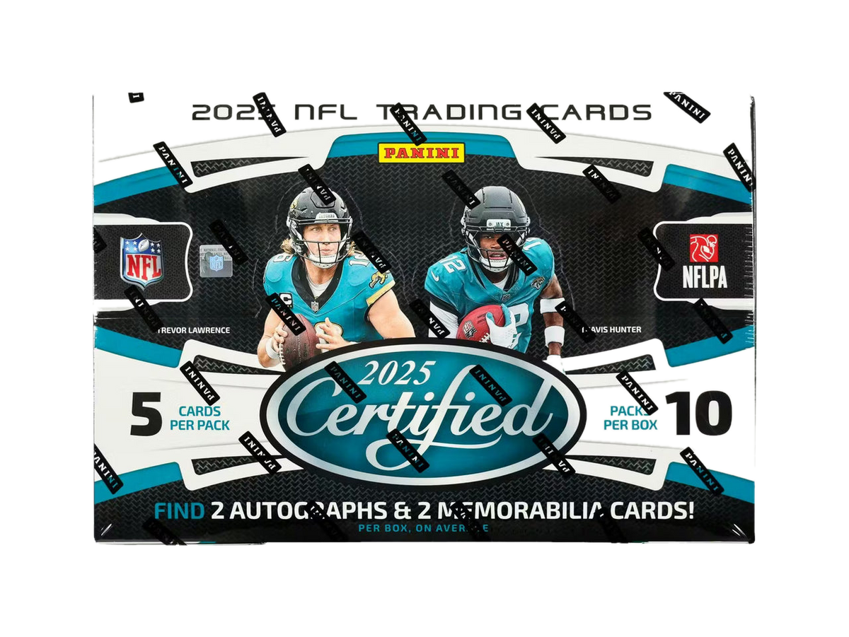 A 2025 Panini Certified Football hobby box featuring Trevor Lawrence and Travis Hunter.
