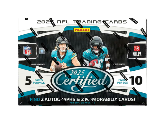 A 2025 Panini Certified Football hobby box featuring Trevor Lawrence and Travis Hunter.
