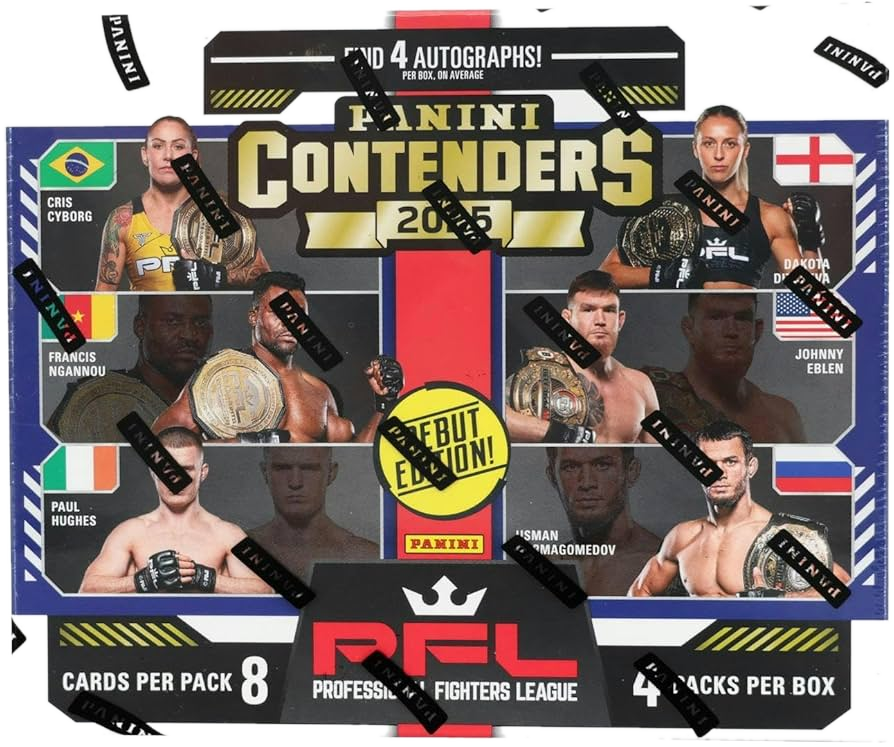 A 2025 Panini Contenders PFL hobby box featuring images of professional MMA fighters.