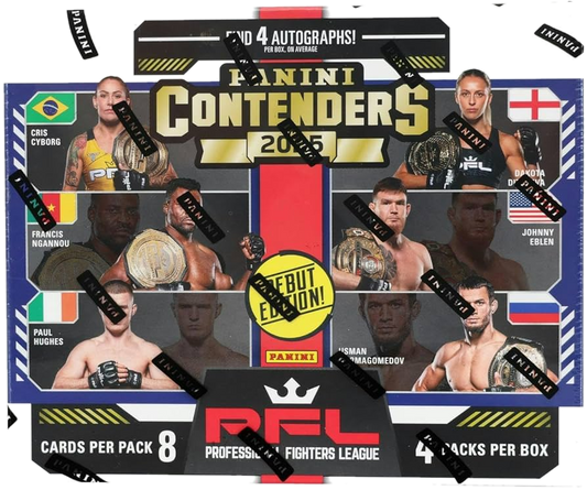 A 2025 Panini Contenders PFL hobby box featuring images of professional MMA fighters.