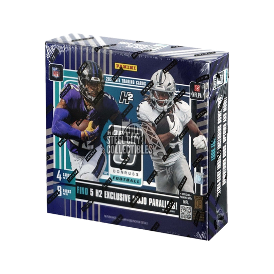 A 2025 Panini Donruss Optic Football H2 hobby box featuring two players on the front.