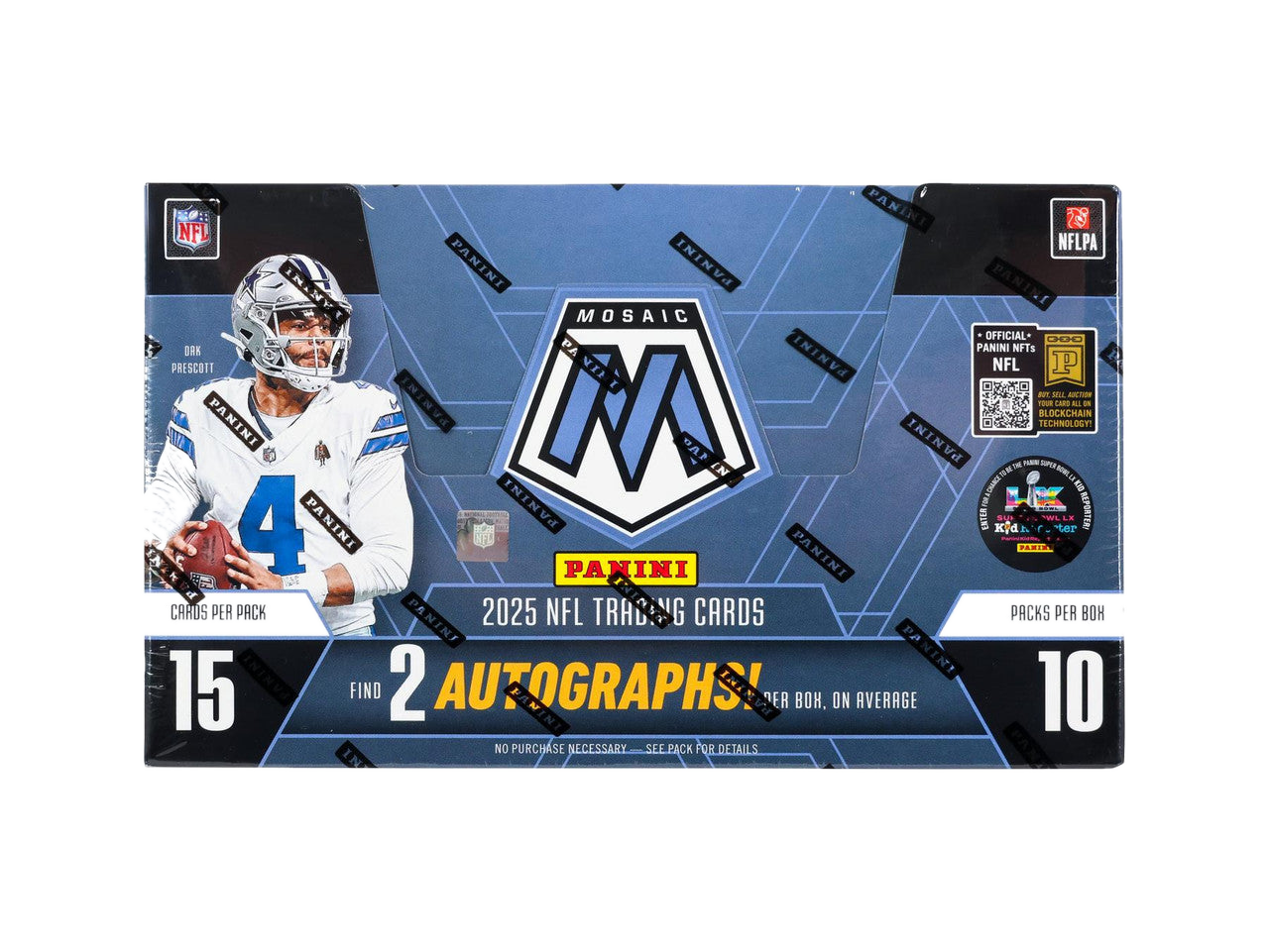 A 2025 Panini Mosaic Football hobby box featuring Dak Prescott on the packaging.