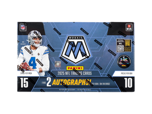 A 2025 Panini Mosaic Football hobby box featuring Dak Prescott on the packaging.