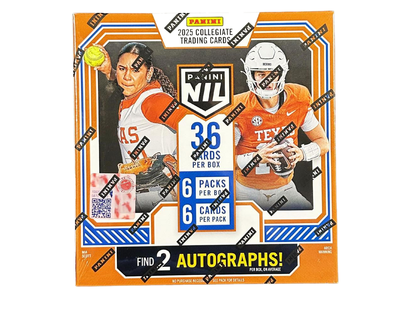 A 2025 Panini NIL Texas Longhorns football hobby box featuring 36 trading cards.