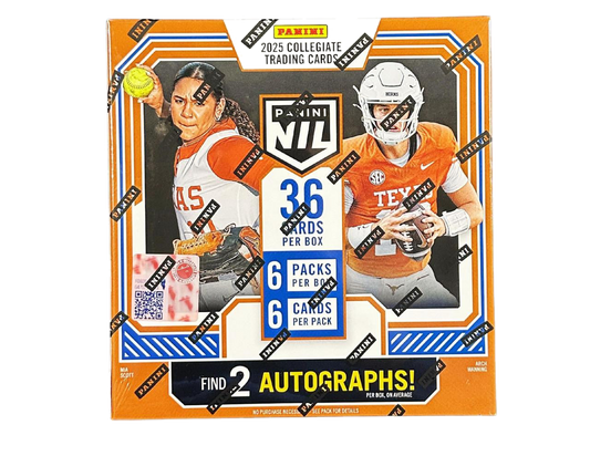 A 2025 Panini NIL Texas Longhorns football hobby box featuring 36 trading cards.