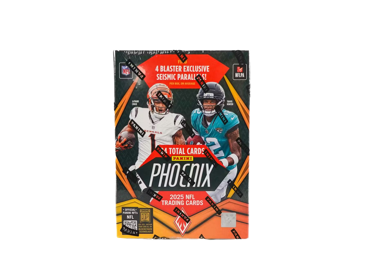 A 2025 Panini Phoenix football trading card blaster box featuring Ja'Marr Chase and Travis Hunter.