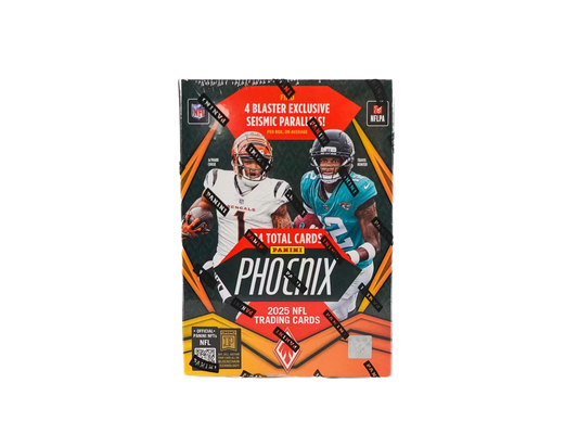 A 2025 Panini Phoenix football trading card blaster box featuring Ja'Marr Chase and Travis Hunter.