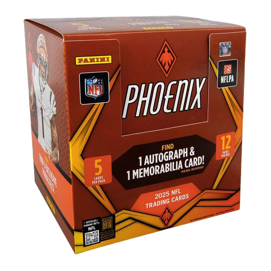 A 2025 Panini Phoenix NFL football hobby box featuring a metallic orange and black design.