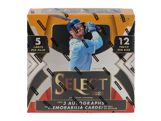 A 2025 Panini Select baseball hobby box featuring Bobby Witt Jr. on the front.